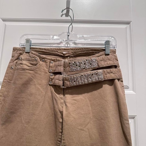 Unbranded Low Rise Tan Flare Pants Beaded Belt Y2K Size Small - Picture 3 of 8
